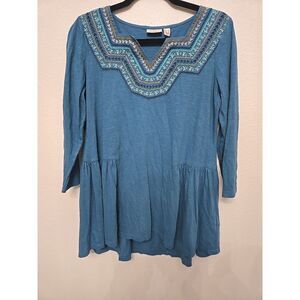 Logo by Lori Goldstein Teal/Blue Boho Embroidered Tunic Top SMALL V-Neck Peasant